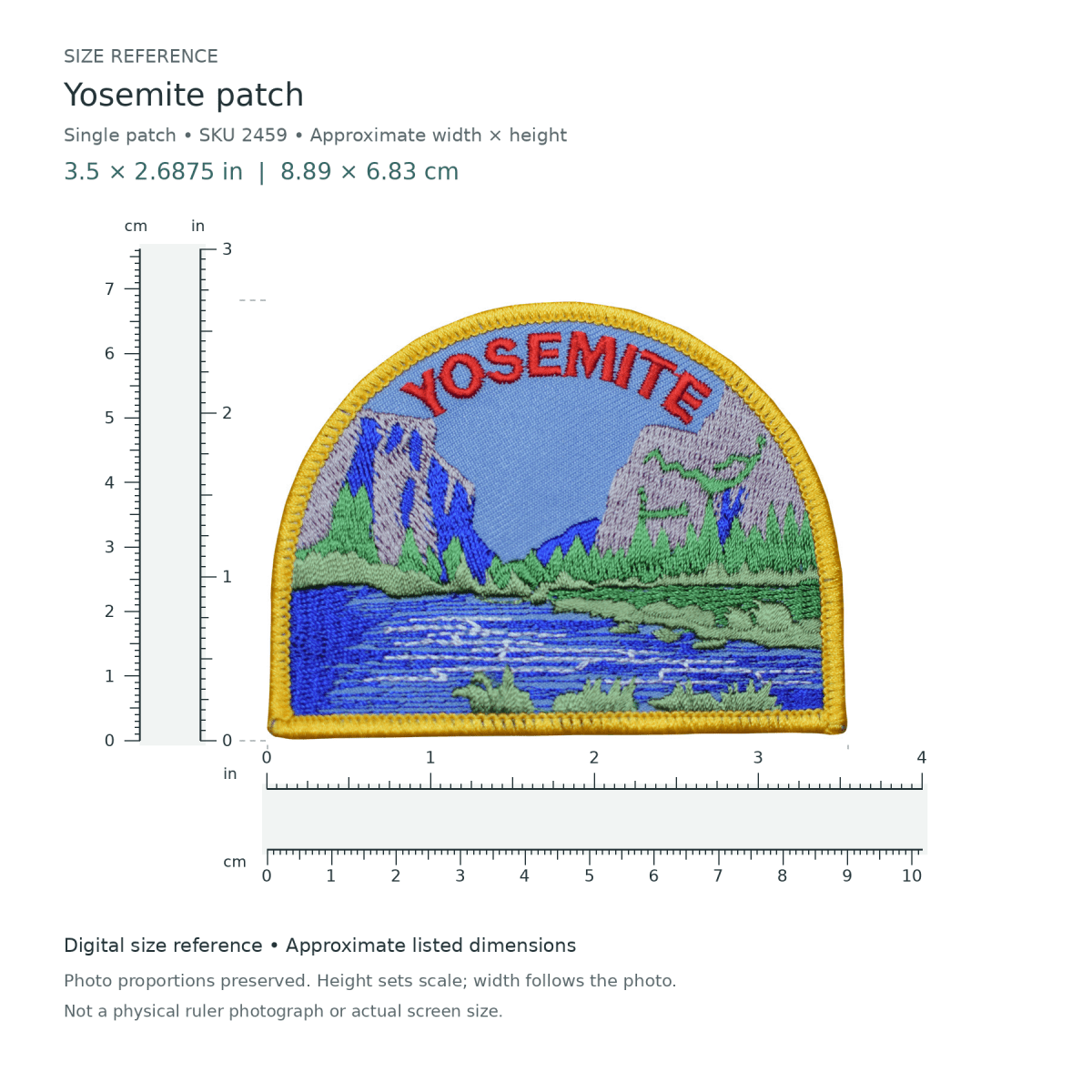 Yosemite patch, approximately 3 1/2 inches wide by 2 11/16 inches tall, shown with digital inch and centimetre rulers.