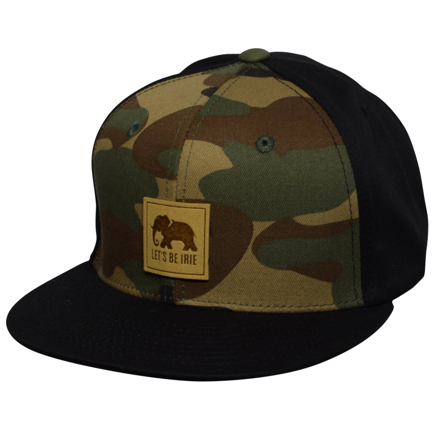 "Let's Be Irie" Elephant Logo Snapback Hat in Camouflage & Black