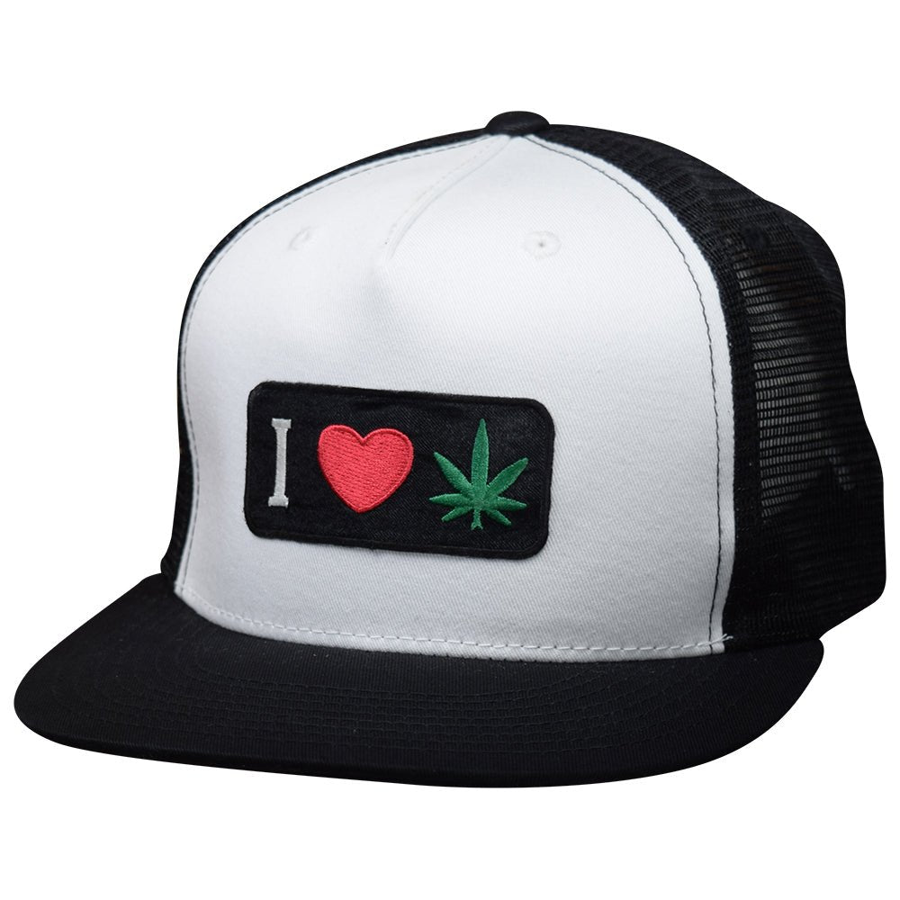 I Love Weed Trucker Hat - Black & White Snapback, Marijuana Cannabis Ganja Cap