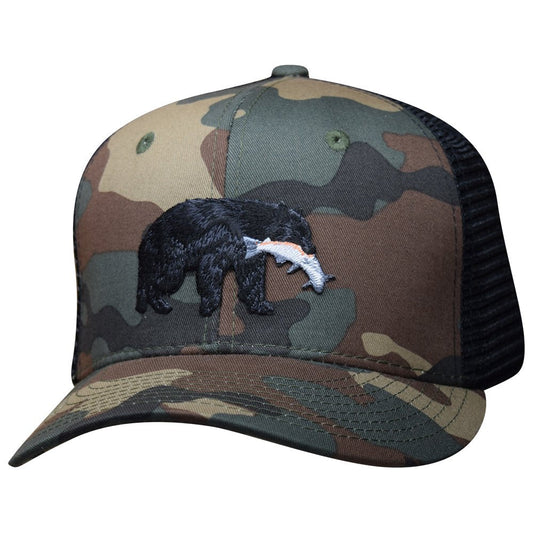 Black Bear & Salmon Snapback Hat - Camouflage Trucker Cap