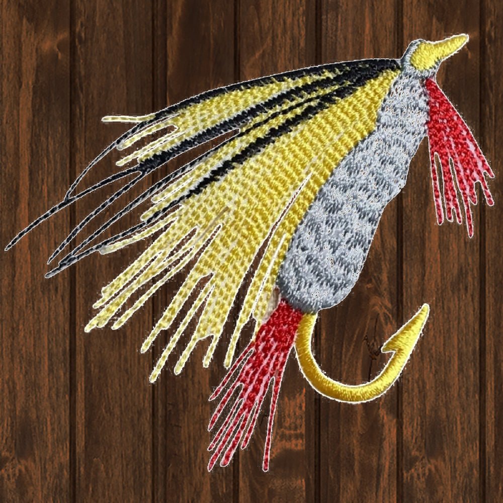 embroidered iron on sew on patch Fly Fishing Lure Yellow Gray Large