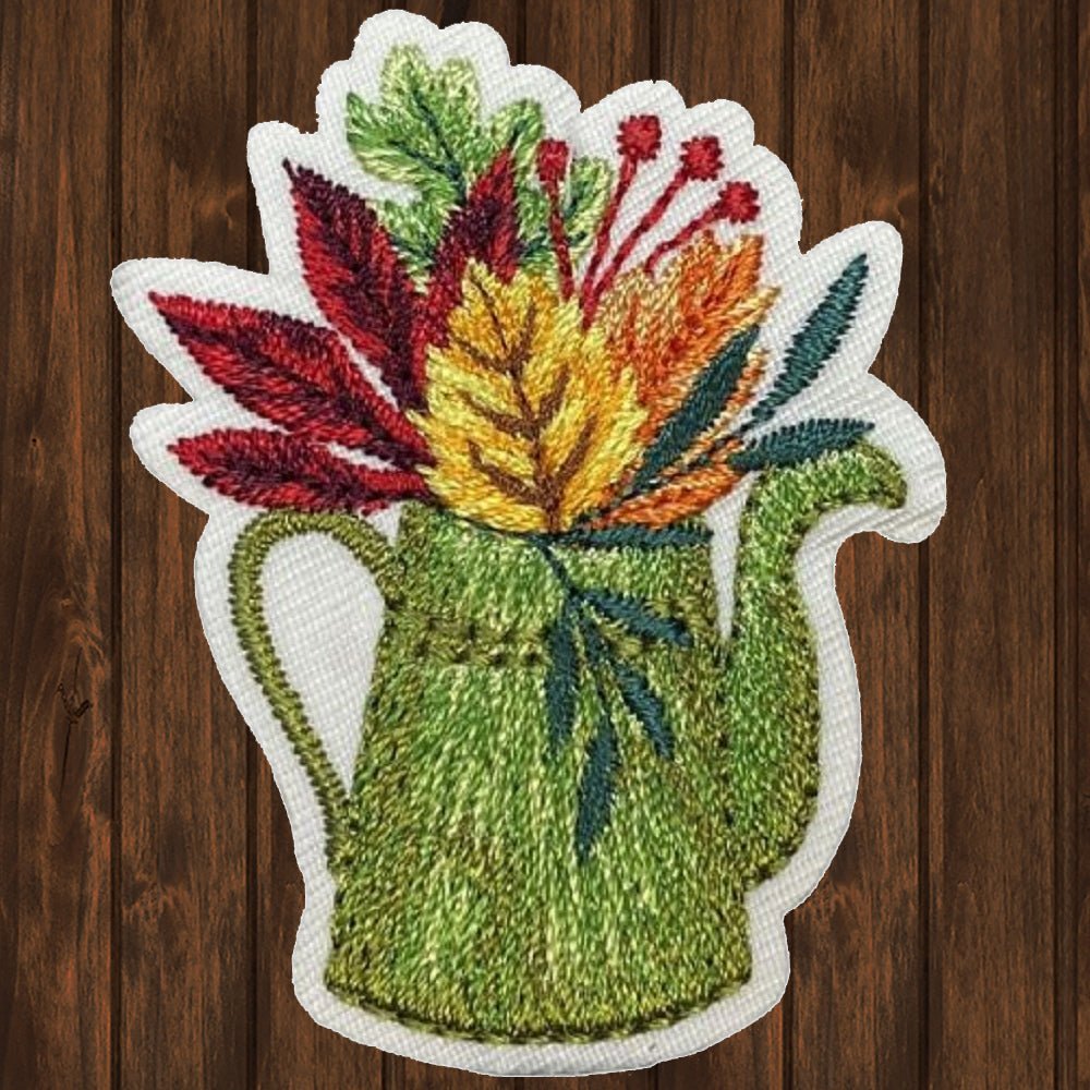 embroidered iron on sew on patch Green Flowering Pot Fall Leaves