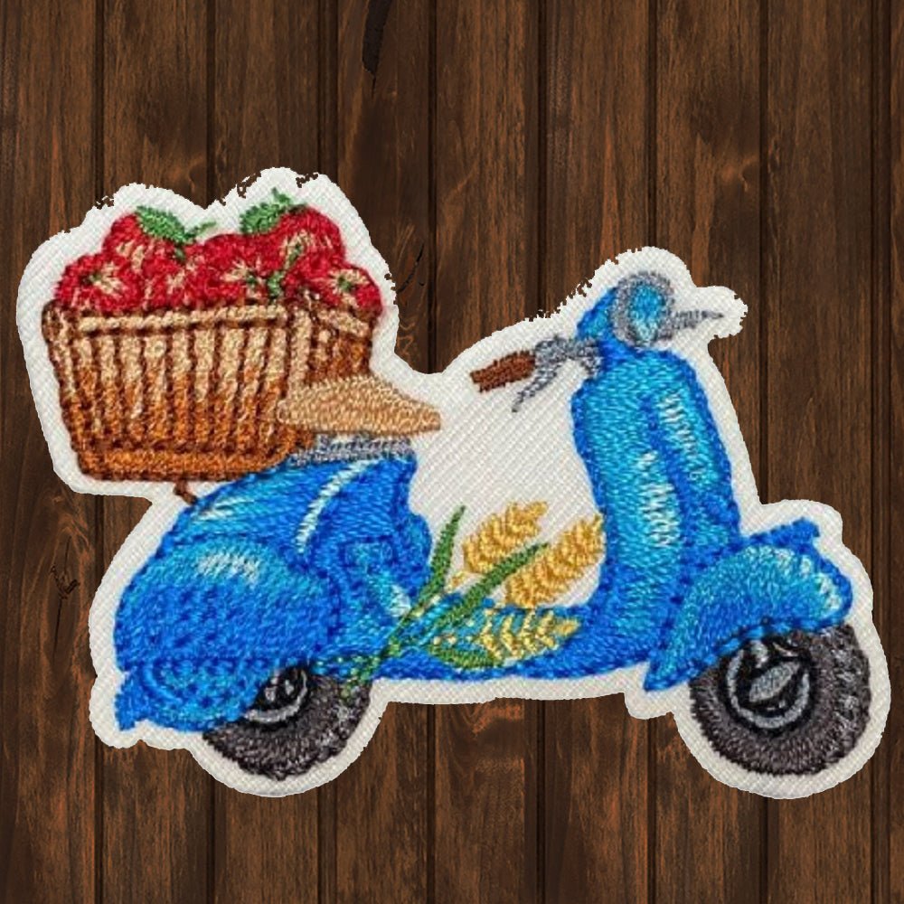embroidered iron on sew on patch Scooter Blue Basket Tomatoes