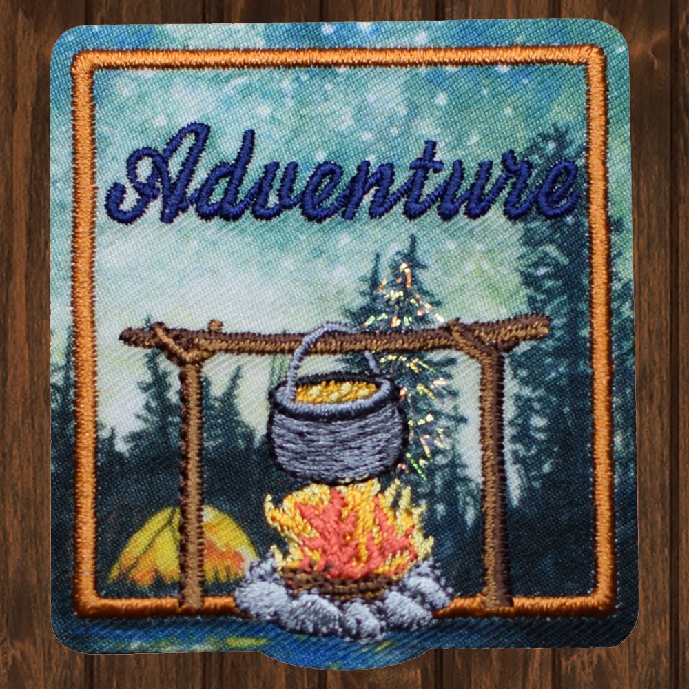 embroidered iron on sew on patch adventure camping fire