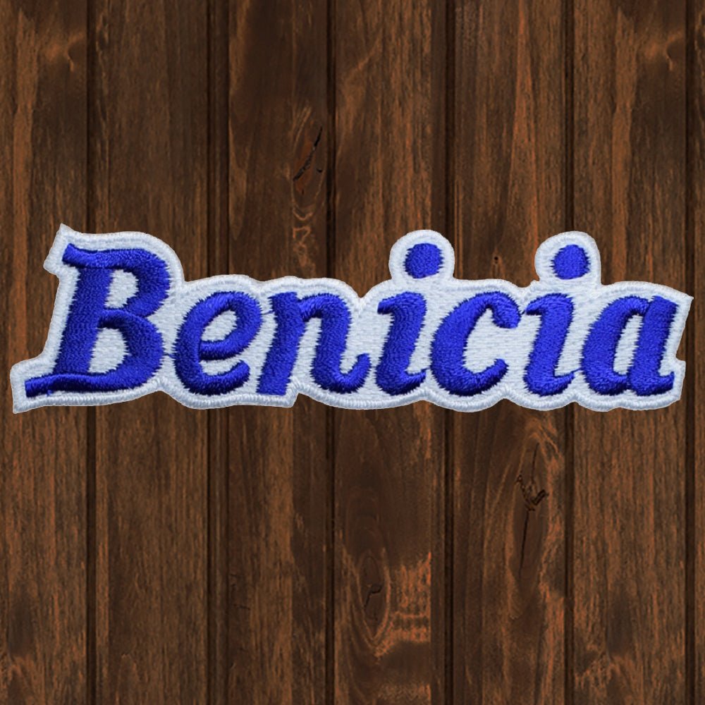 embroidered iron on sew on patch benecia blue script