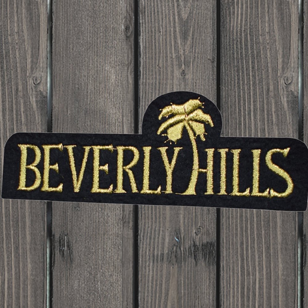 embroidered iron on sew on patch beverly hills black