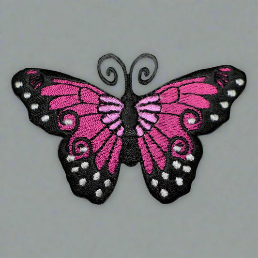 embroidered iron on sew on patch black pink butterfly