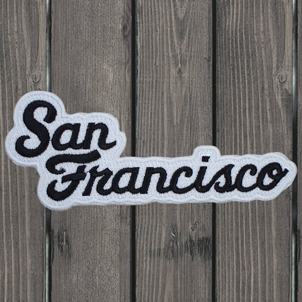 embroidered iron on sew on patch black san francisco script