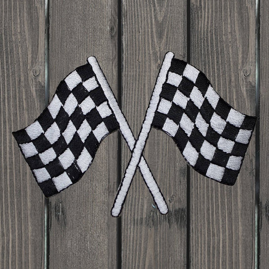 embroidered iron on sew on patch black white checker flag