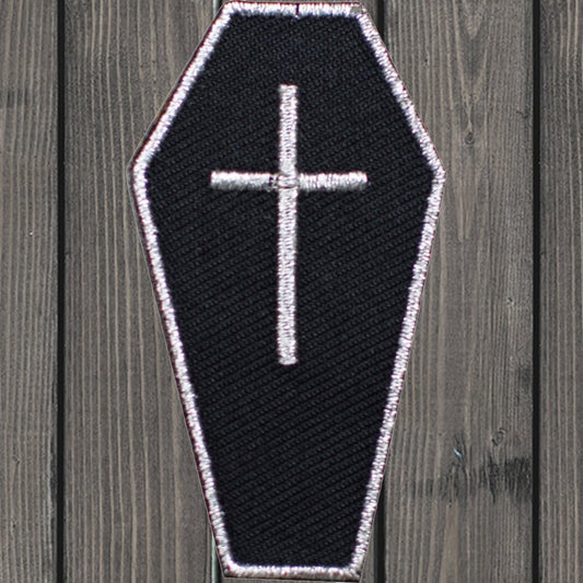 embroidered iron on sew on patch black white coffin cross