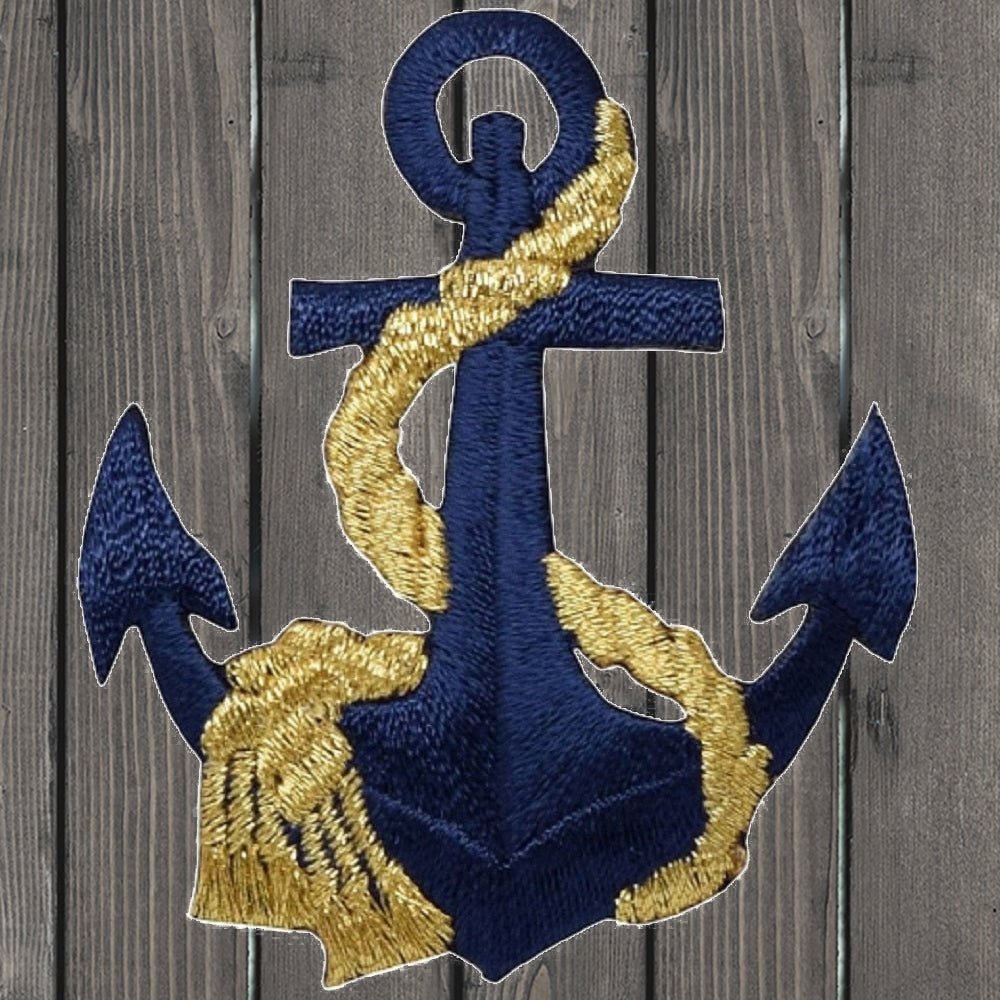 embroidered iron on sew on patch blue anchor gold rope nautical
