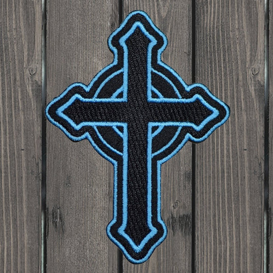 embroidered iron on sew on patch blue black cross