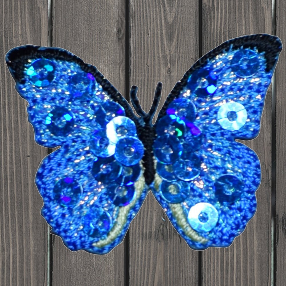 embroidered iron on sew on patch blue butterfly sequin small