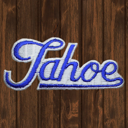 embroidered iron on sew on patch blue tahoe script