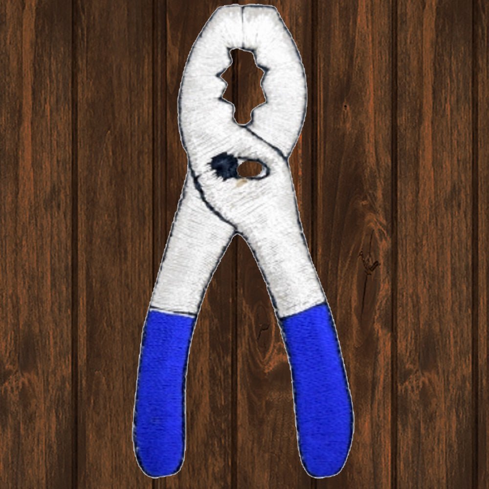 embroidered iron on sew on patch blue tool pliers