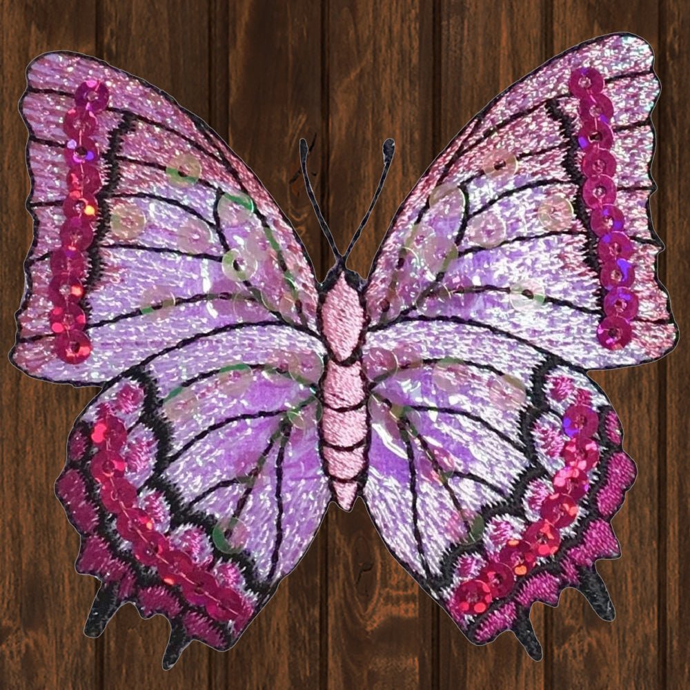embroidered iron on sew on patch butterfly fuchsia sequin