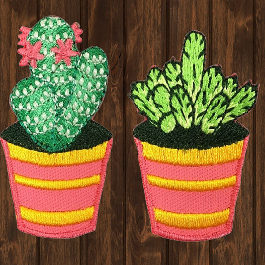 embroidered iron on sew on patch cactus orange pot 2 pack