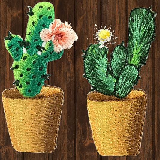 embroidered iron on sew on patch cactus tan pot 2 pack