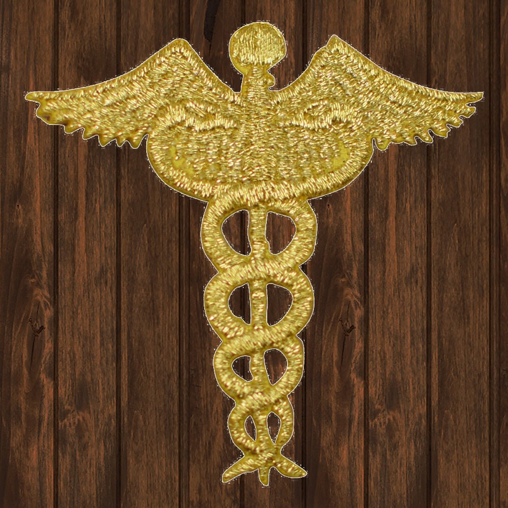 embroidered iron on sew on patch caduceus gold