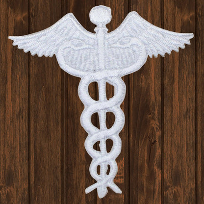 embroidered iron on sew on patch caduceus white 2