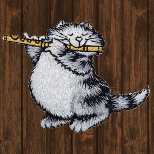 embroidered iron on sew on patch cat with flute