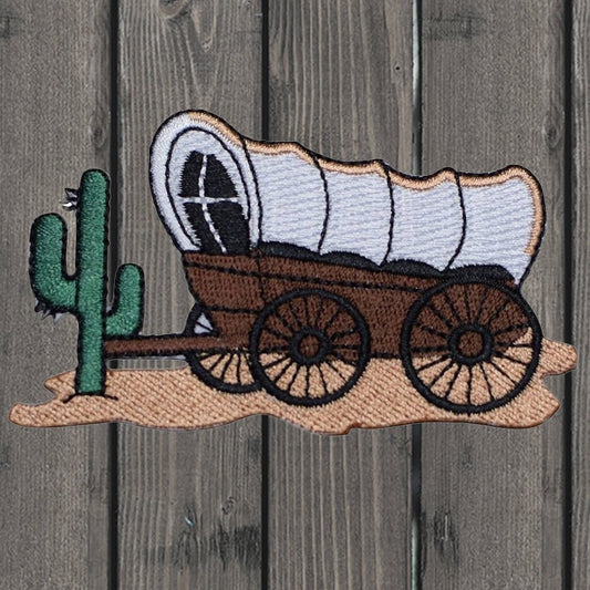 embroidered iron on sew on patch covered wagon cactus