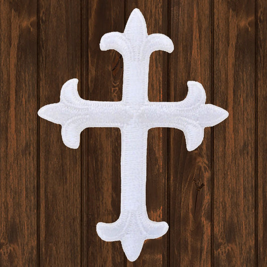 embroidered iron on sew on patch cross fleur de lis white