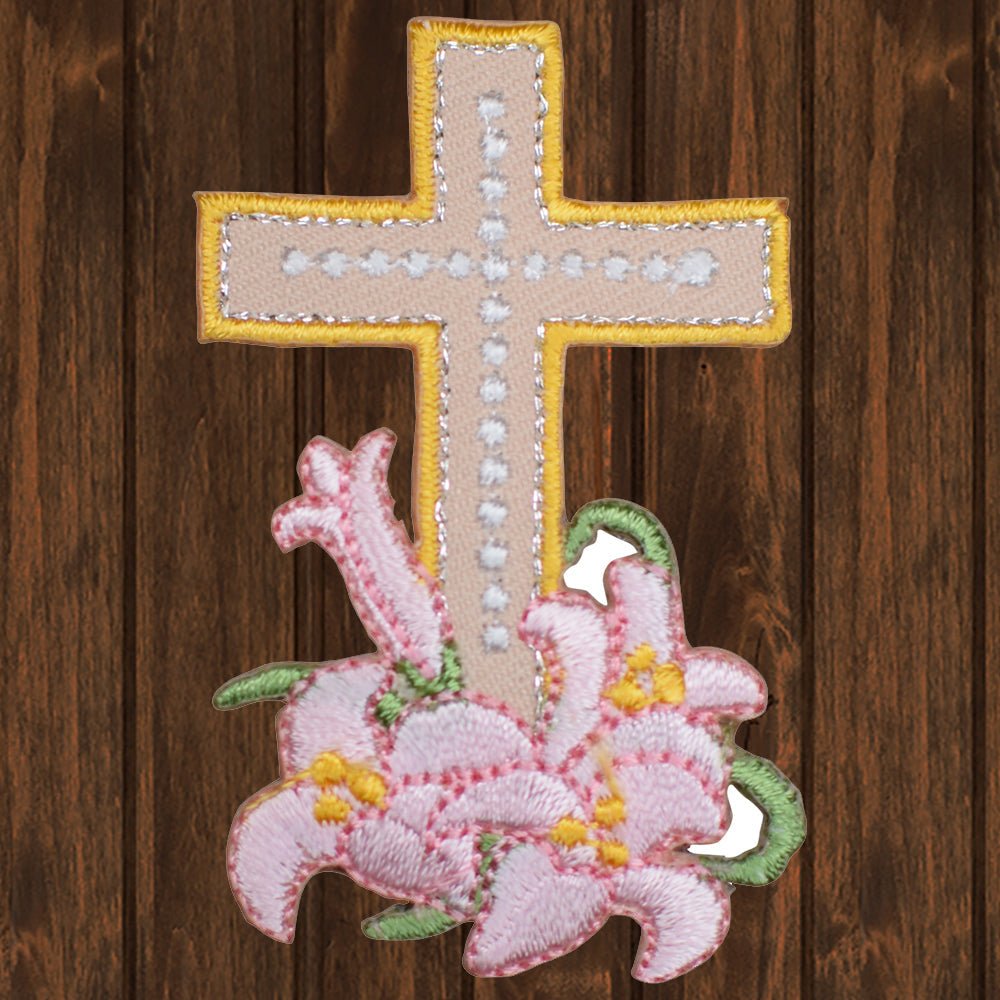 embroidered iron on sew on patch cross pink flowers