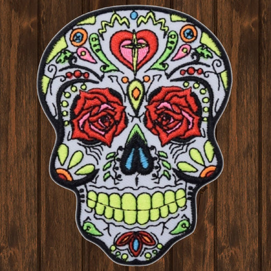 embroidered iron on sew on patch dia de los muertos sugar skull