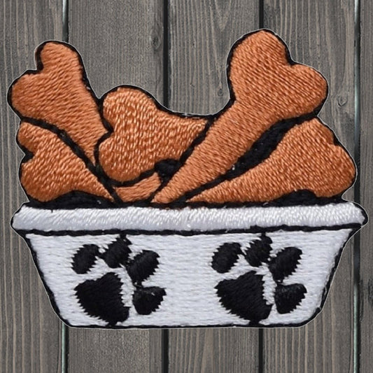 embroidered iron on sew on patch dog dish with bones large