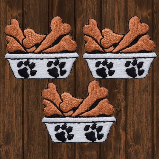 embroidered iron on sew on patch dog dish with bones