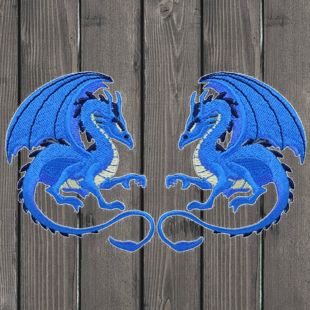 embroidered iron on sew on patch dragon blue pair