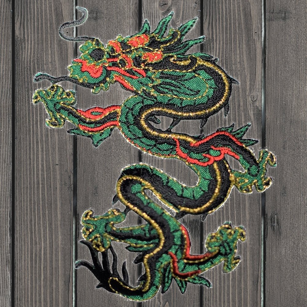 embroidered iron on sew on patch dragon chinese green black left medium