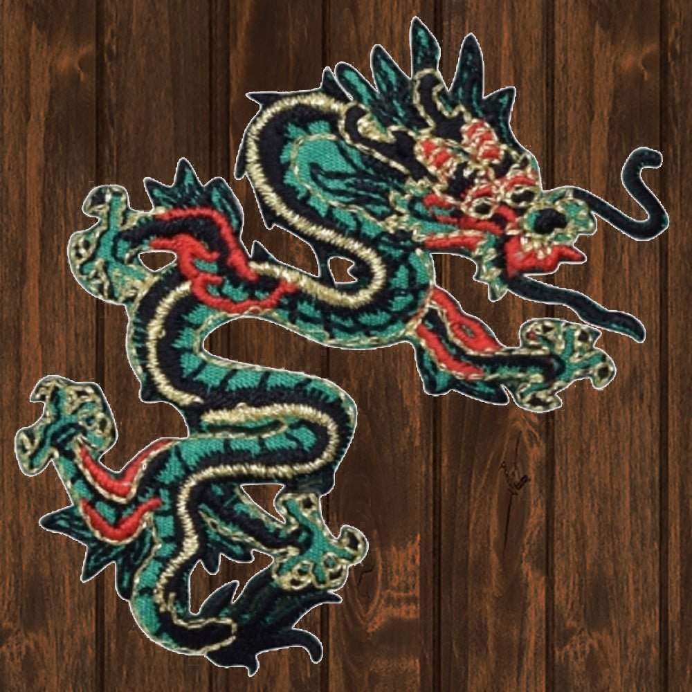 embroidered iron on sew on patch dragon chinese green black medium 2