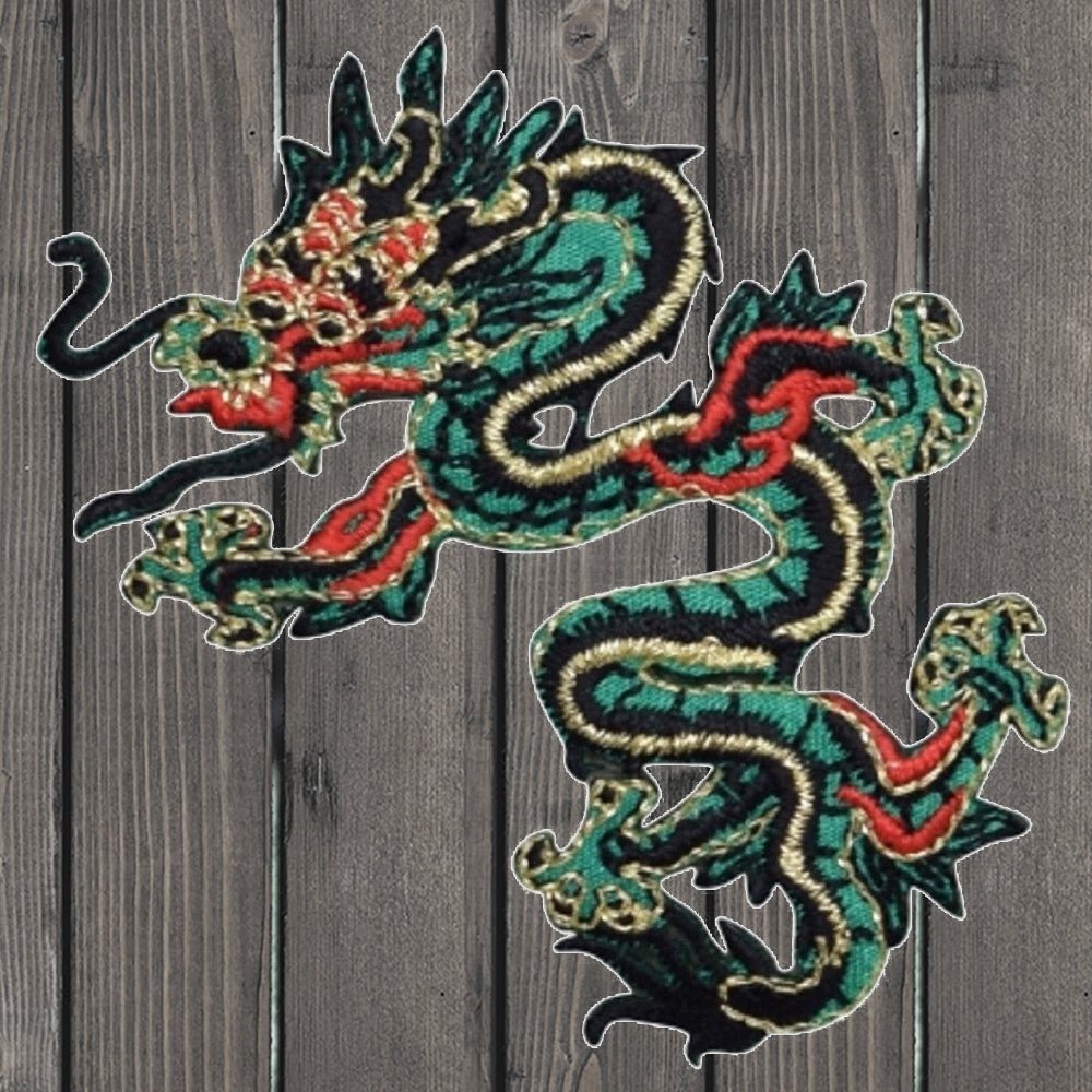embroidered iron on sew on patch dragon chinese green black medium left 2