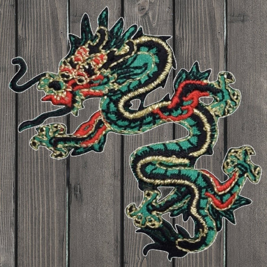 embroidered iron on sew on patch dragon chinese green black medium left