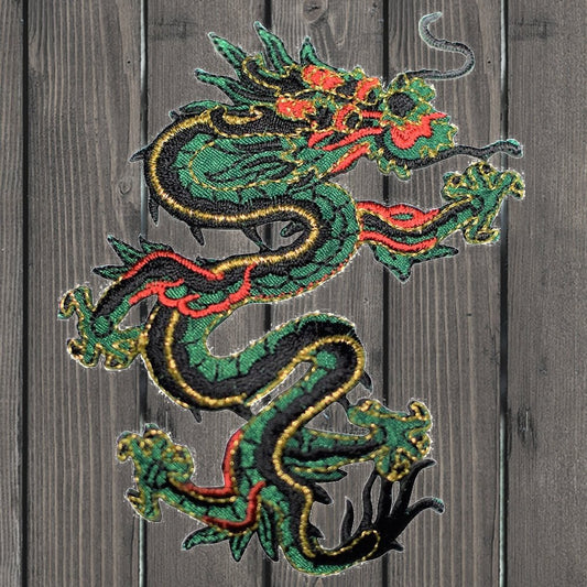 embroidered iron on sew on patch dragon chinese green black right medium