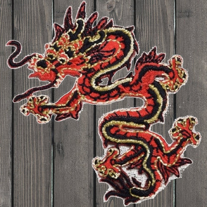 embroidered iron on sew on patch dragon chinese red black medium left 2