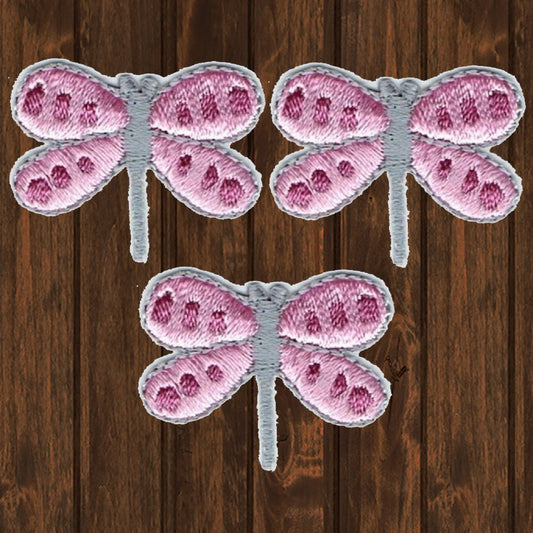 embroidered iron on sew on patch dragonfly pink 3 pack