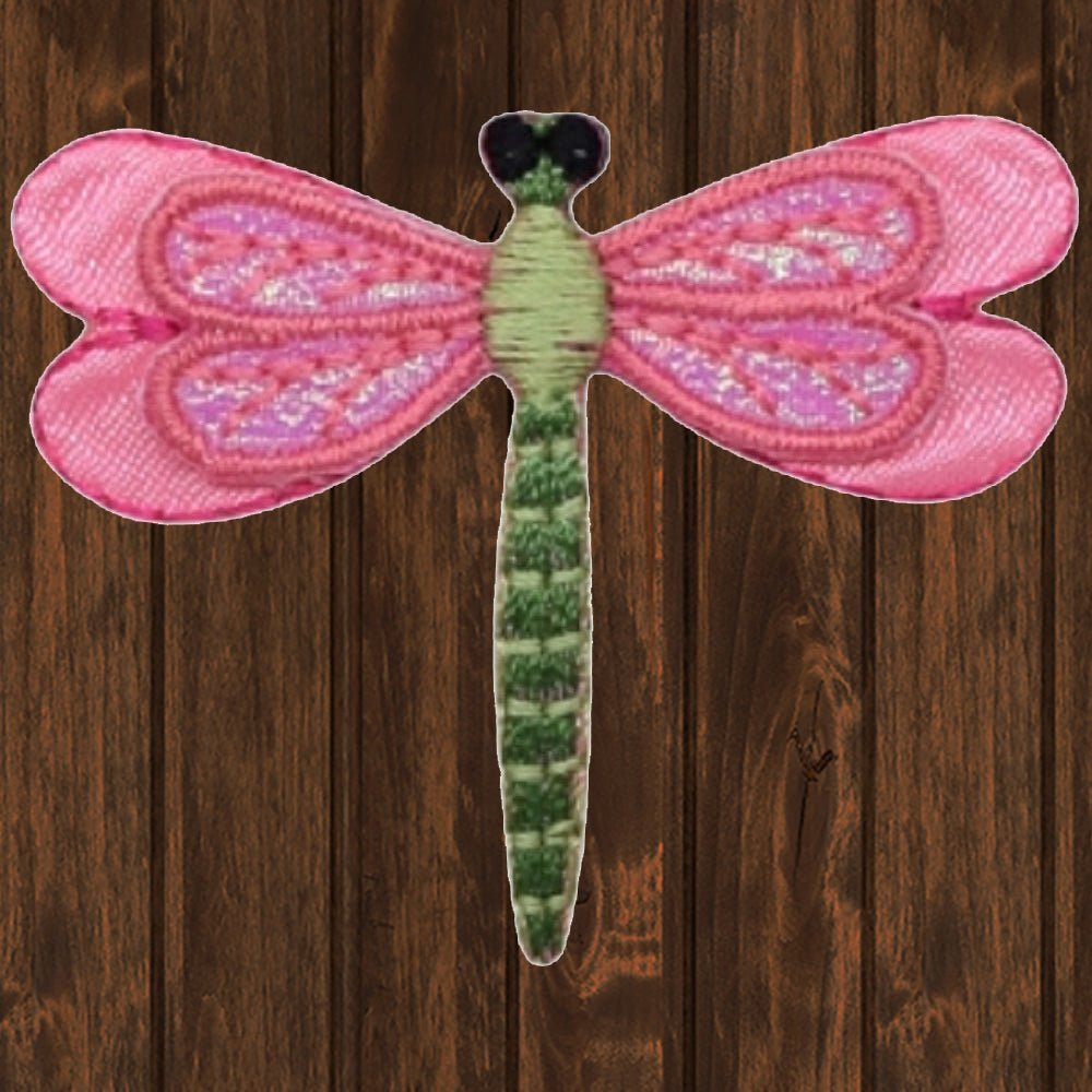 embroidered iron on sew on patch dragonfly pink