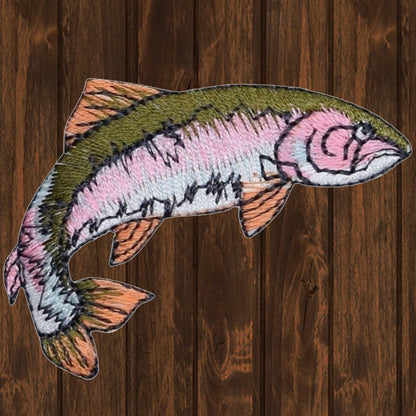 embroidered iron on sew on patch fish pink green trout swimming right 4