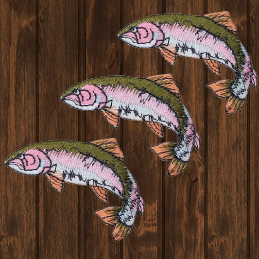 embroidered iron on sew on patch fish pink green trout swimming right 6