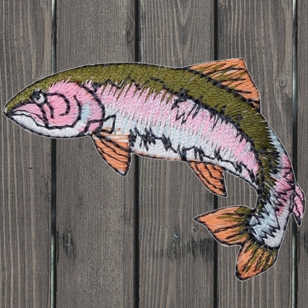 embroidered iron on sew on patch fish pink green trout swimming right