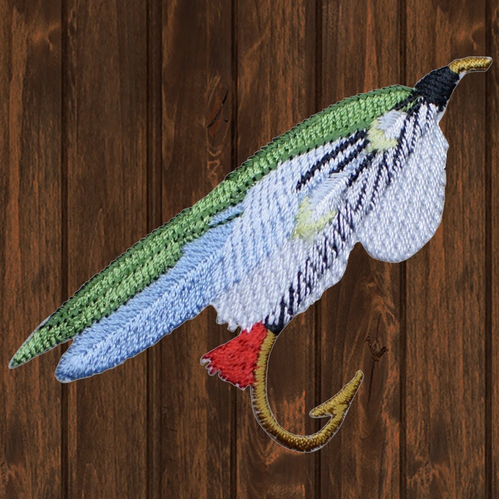 embroidered iron on sew on patch fishing lure green white
