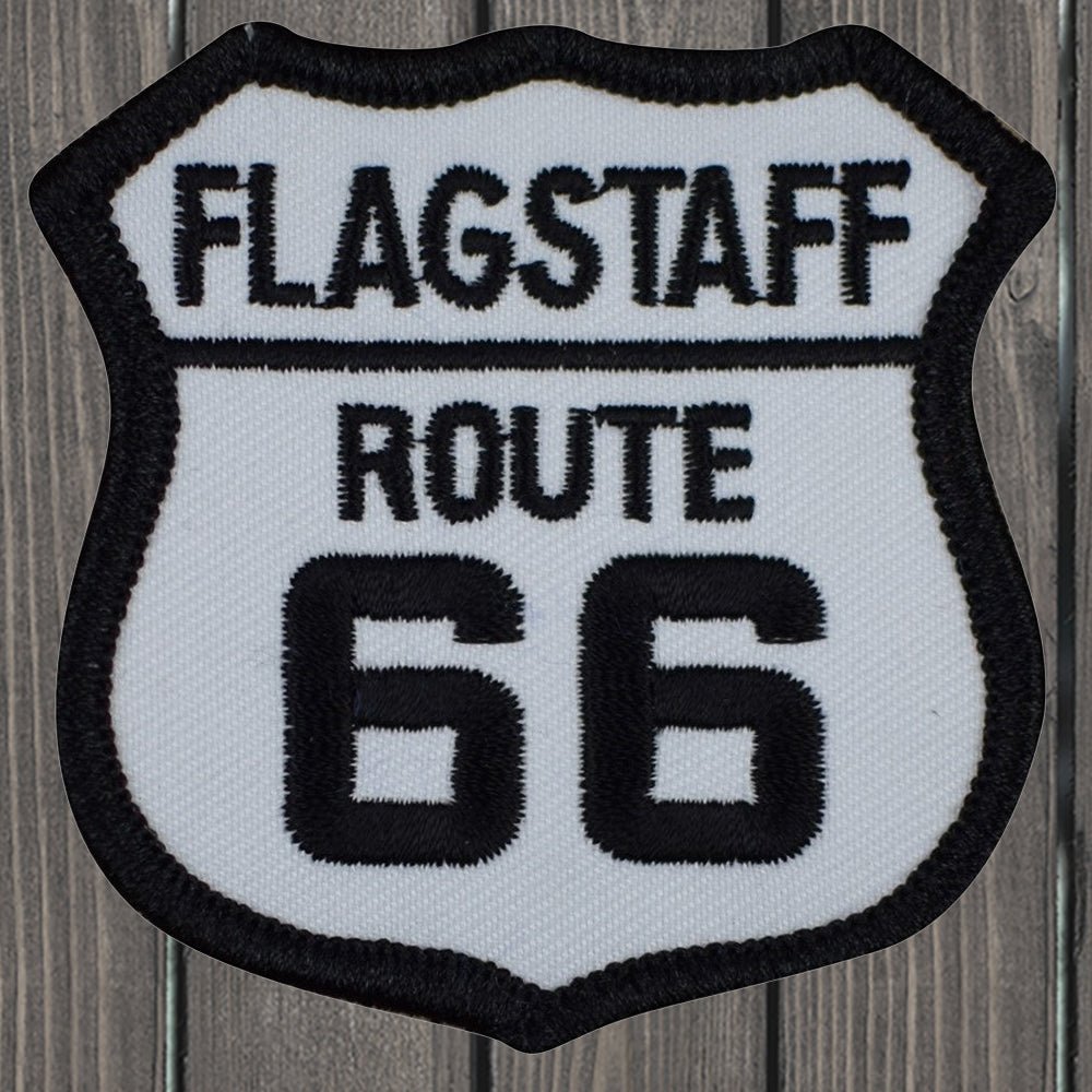 embroidered iron on sew on patch flagstaff 66 black on white