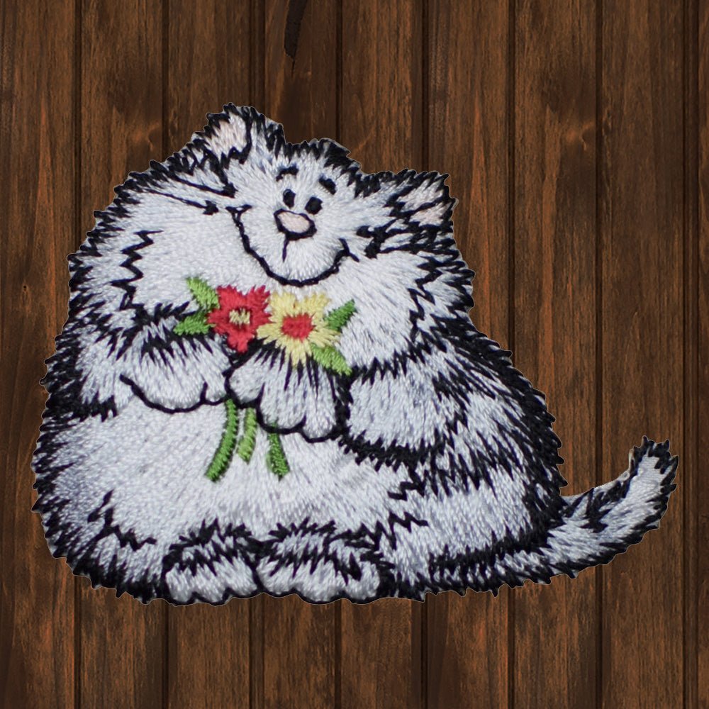 embroidered iron on sew on patch gray cat red rose