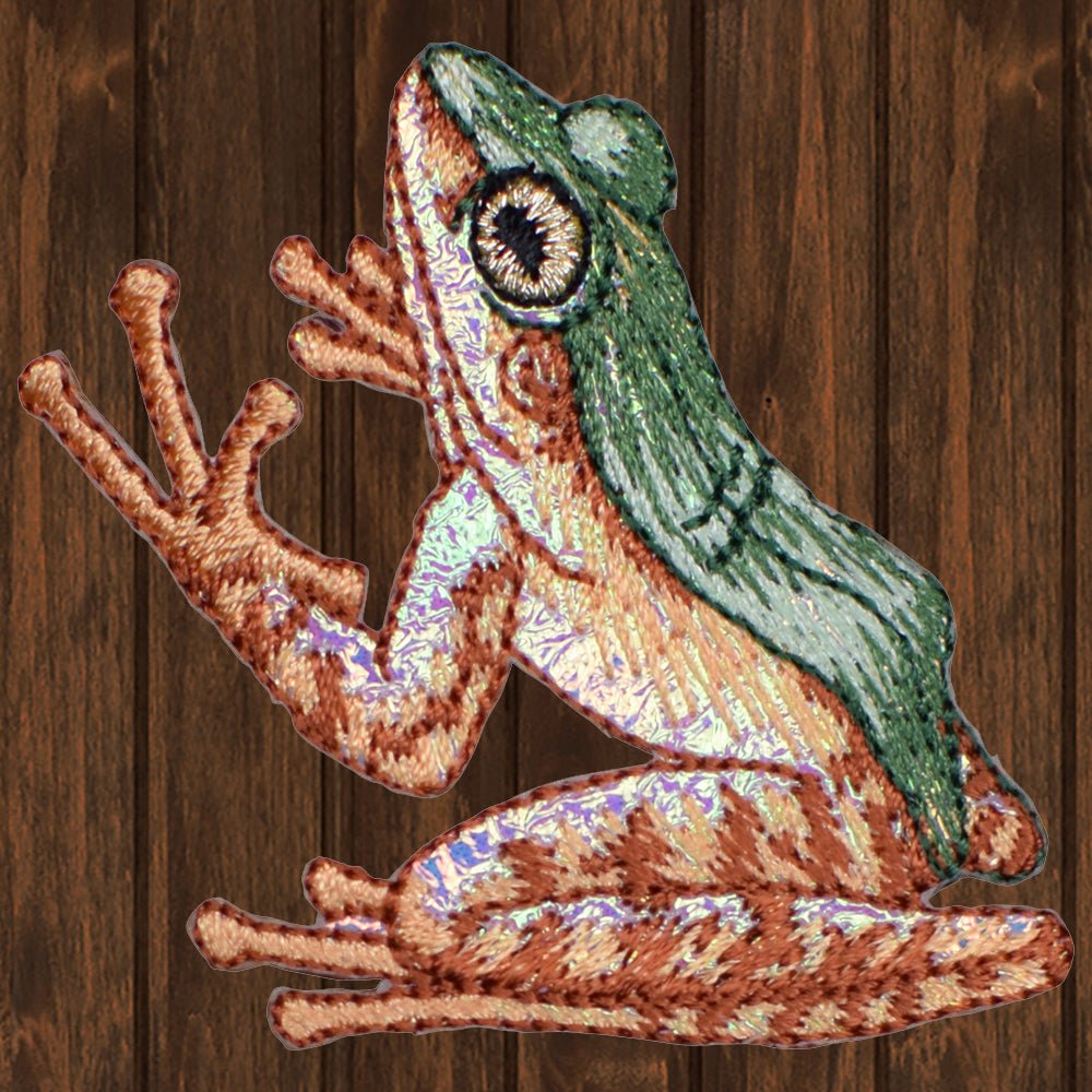 embroidered iron on sew on patch green and beige frog