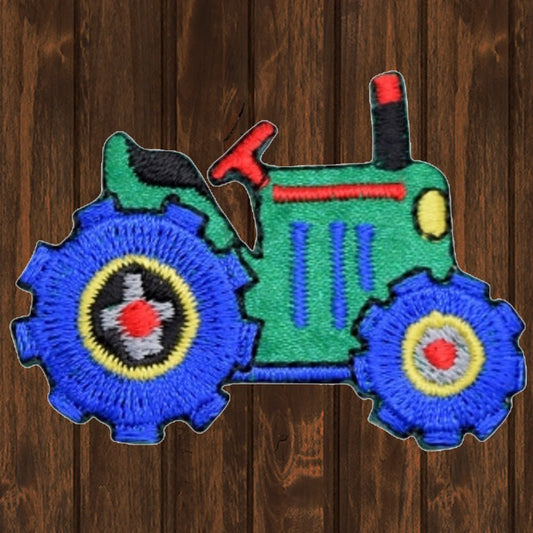 embroidered iron on sew on patch green and blue farm tractor