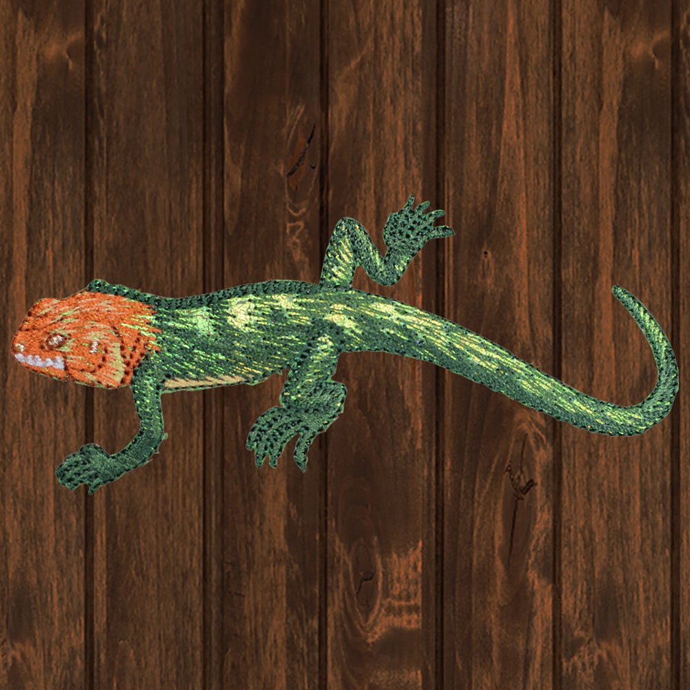 embroidered iron on sew on patch green lizard orange head