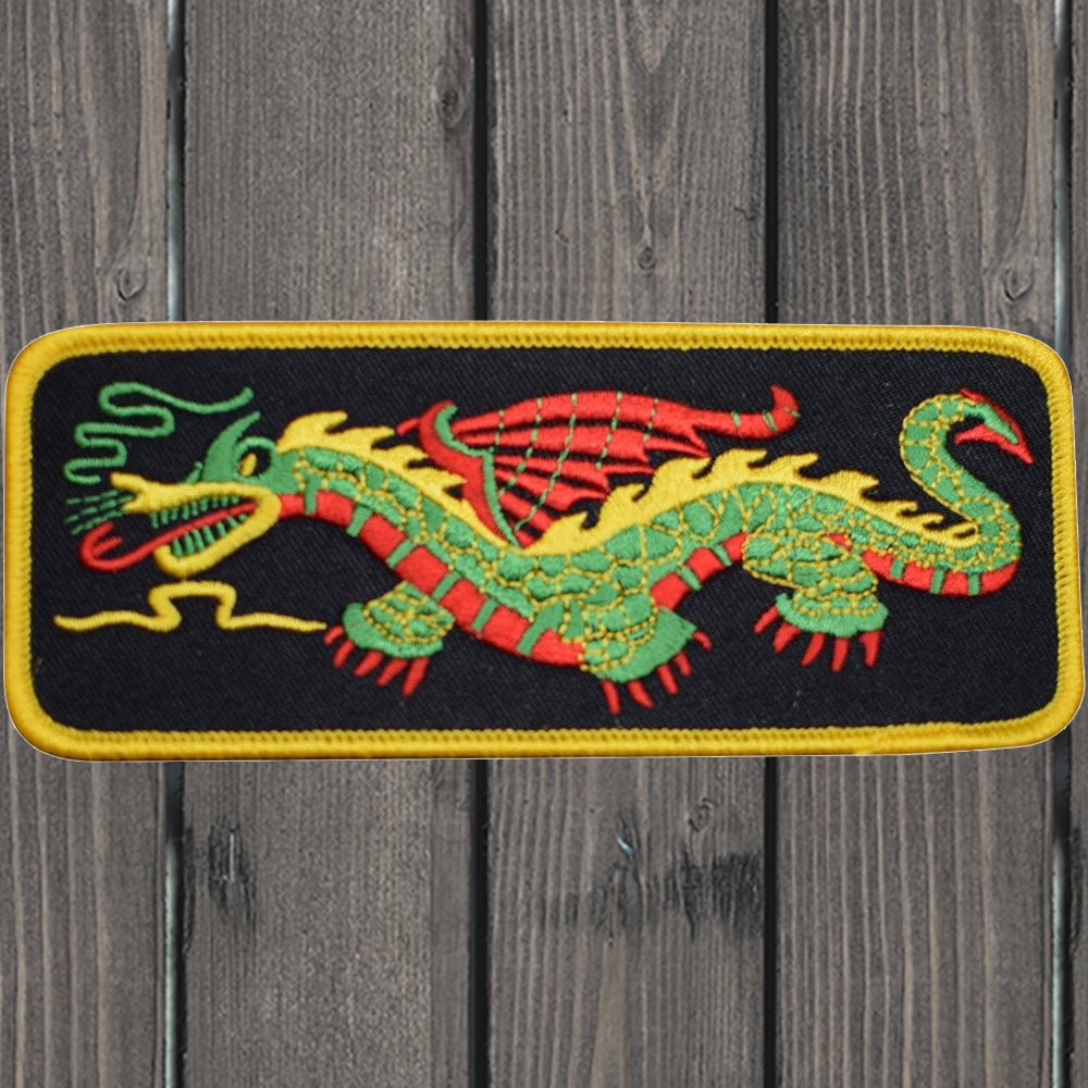 embroidered iron on sew on patch green red dragon on black